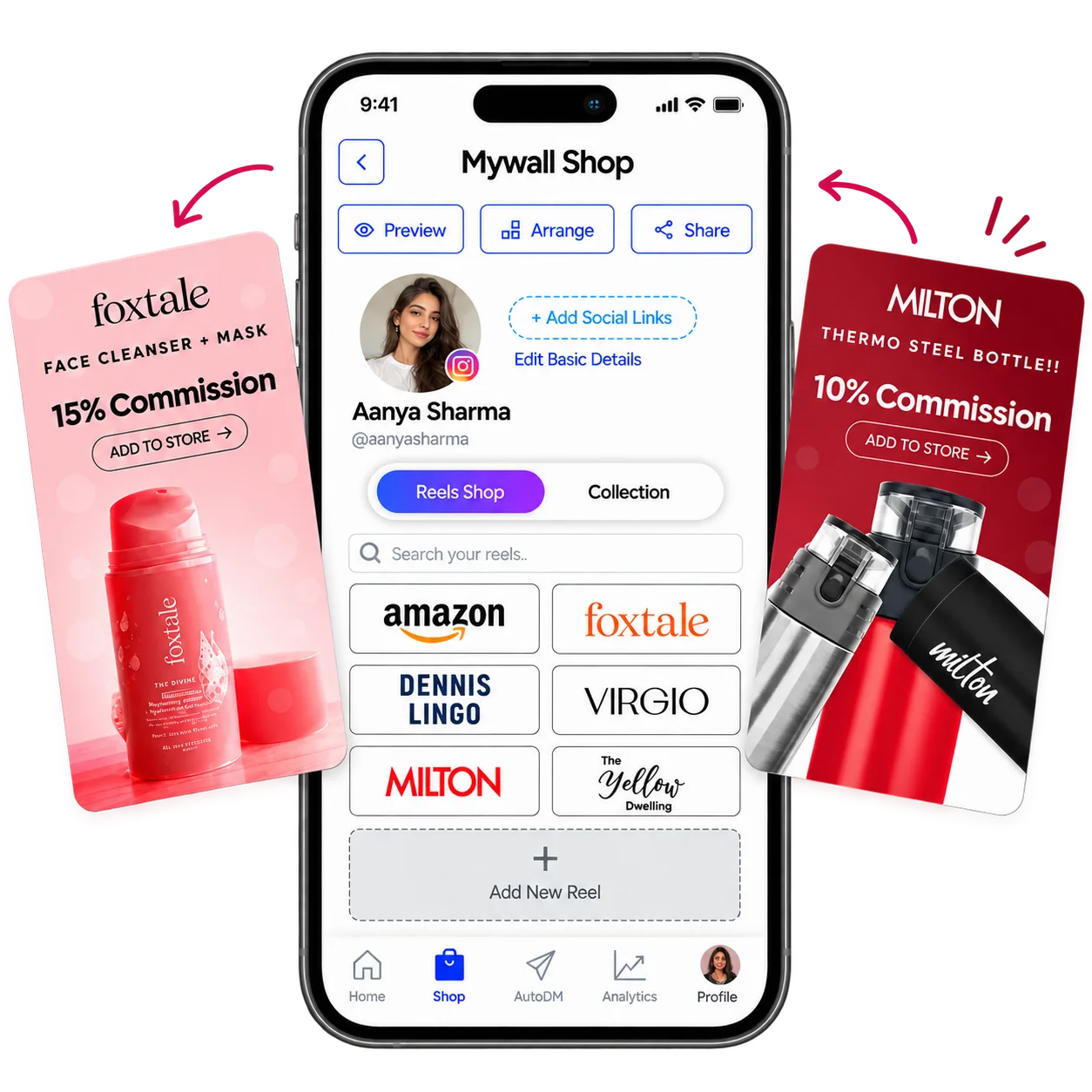 MyWall Shop storefront with creator affiliate products